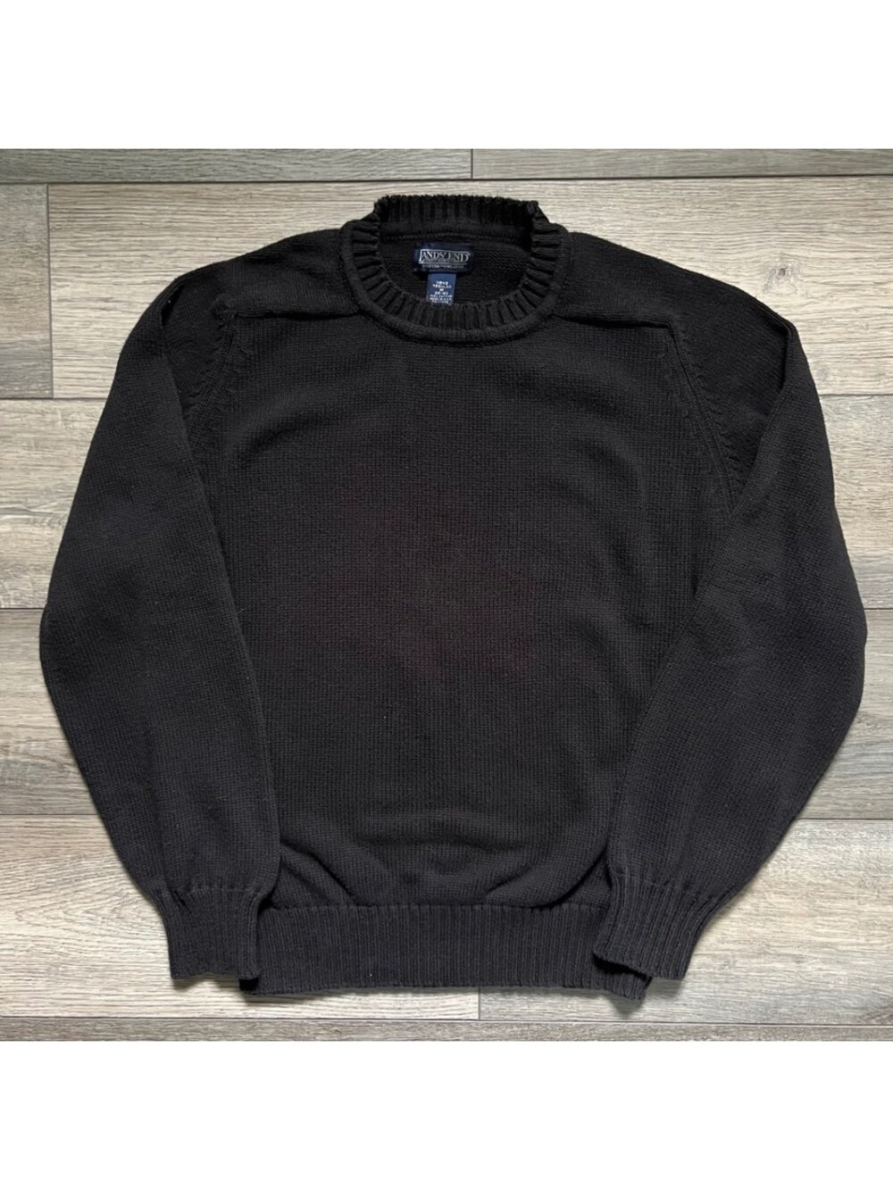 VTG Lands End Men's M Black Crew Neck Knit Drifter Sweater Cotton Fisherman USA